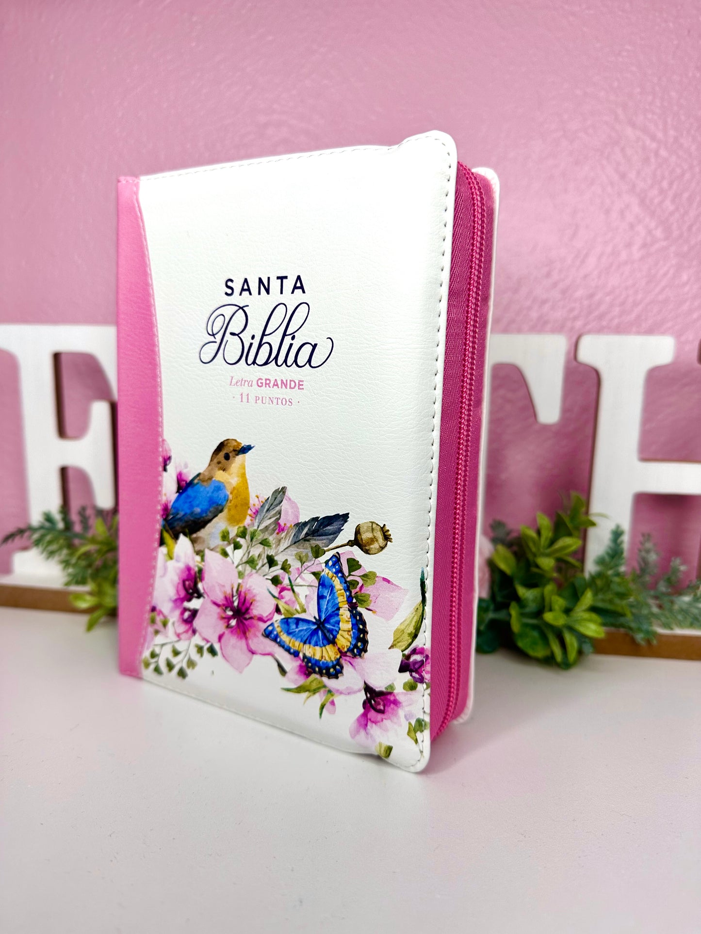 Biblia con Cierre Compacta 11 puntos RV1960 imit piel con canto pintado primaveral rosado