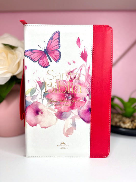 Biblia Roja con zipper de mariposas