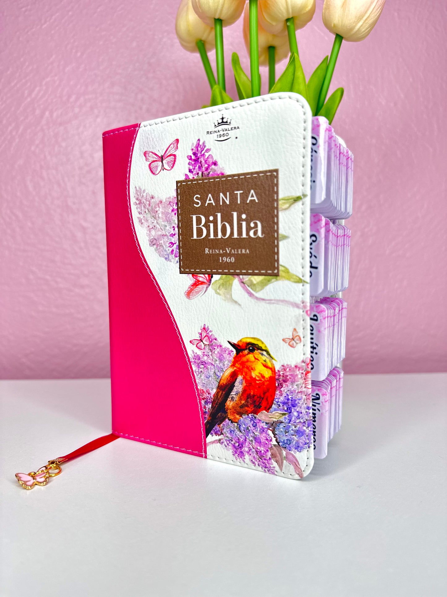 Biblia de Bolsillo RV1960 imit piel con canto floral fucsia