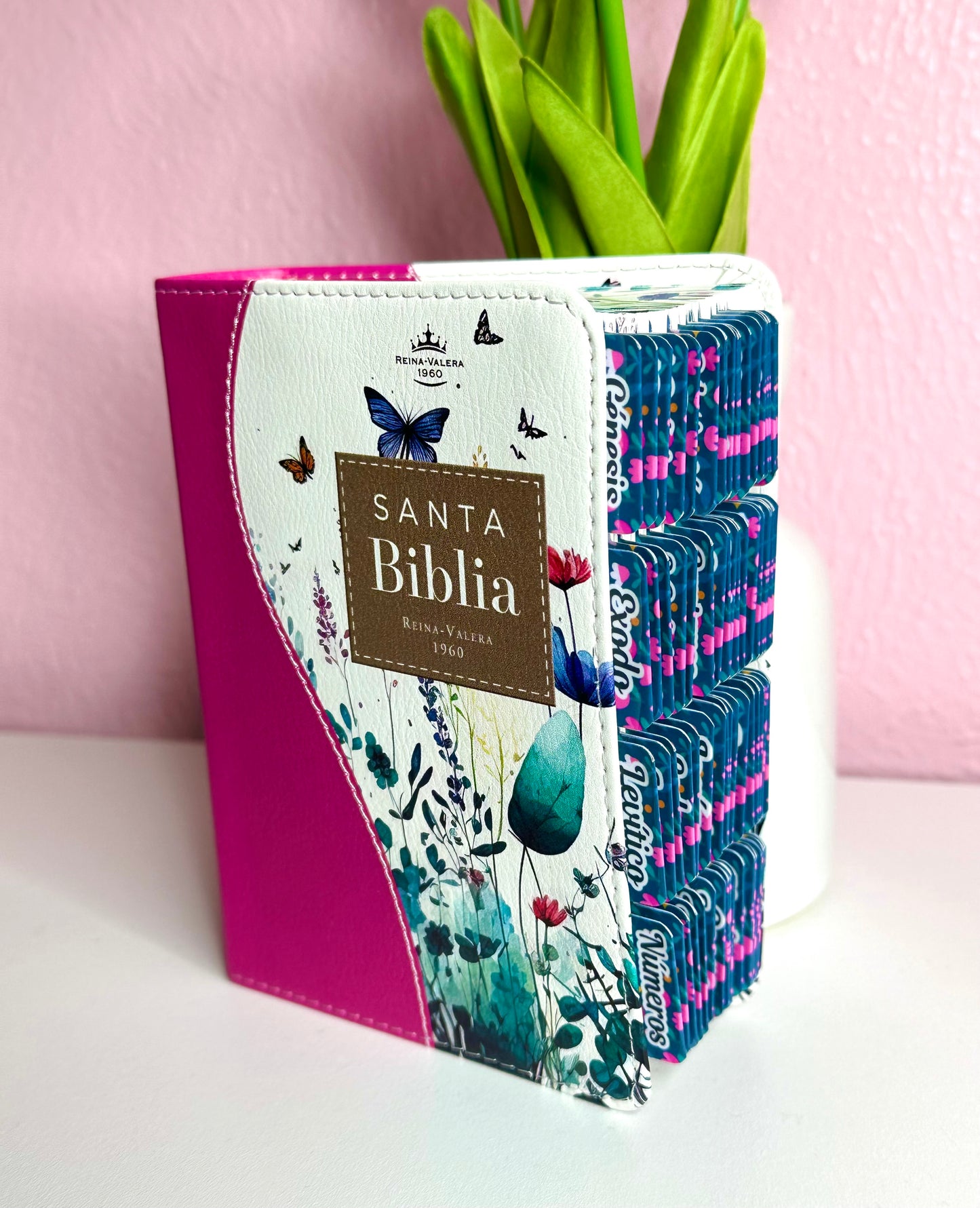 Biblia de Bolsillo RV1960 imit piel con canto floral fucsia