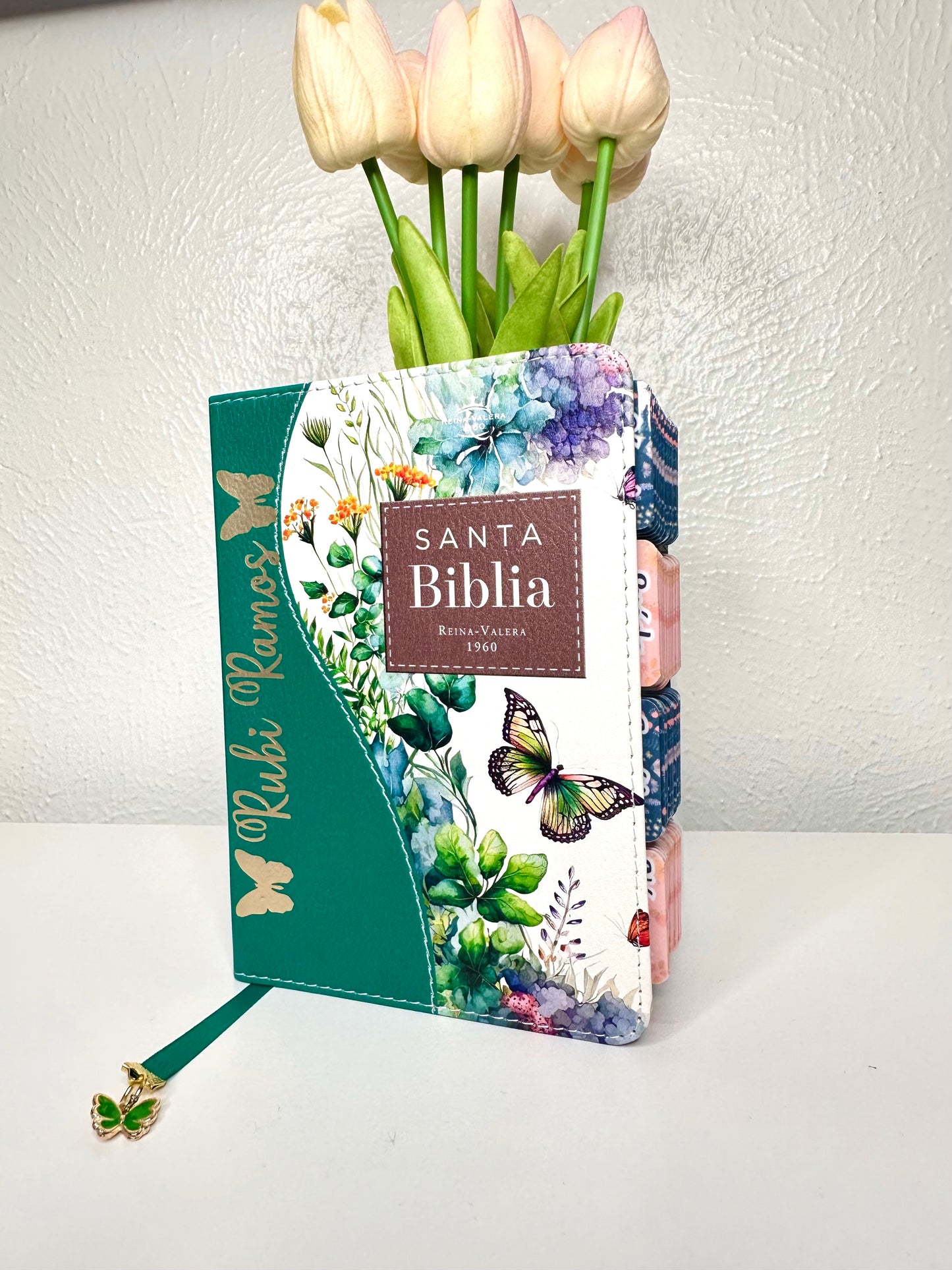 Biblia de Bolsillo RV1960 imit piel con canto floral verde (TABS DE LA BIBLIA)